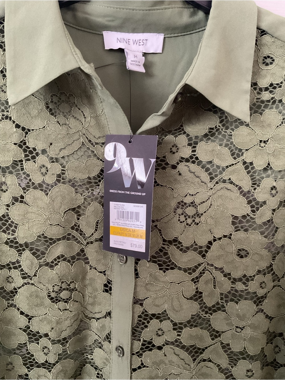 Nine West Olive Lace Short-Sleeve Button-Down Shirt - Picture 5 of 7